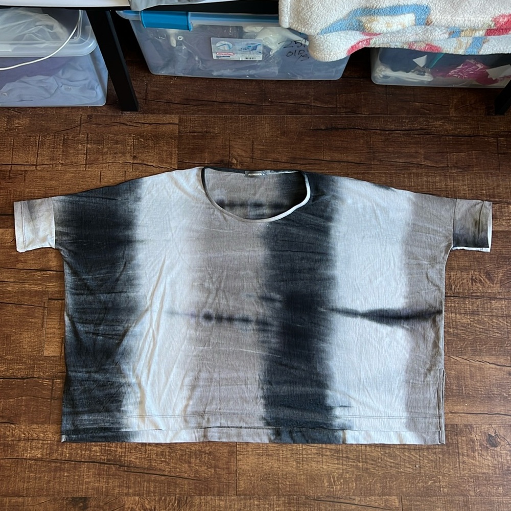 Alembika boxy oversized lightweight tie dye print dusty muted navy blue gray top